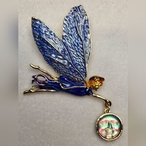 New Fairy Maiden Brooch Pendant Pin Blue Sparkly Wings Holding Man in Moon
